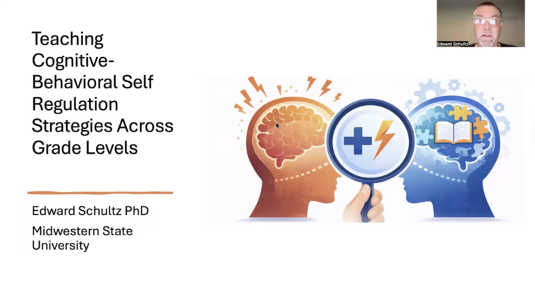 Slide title: 'Teaching Cognitive-Behavioral Self Regulation Strategies Across Grade Levels' by Edward Schultz, PhD, with a brain-themed illustration on the right.